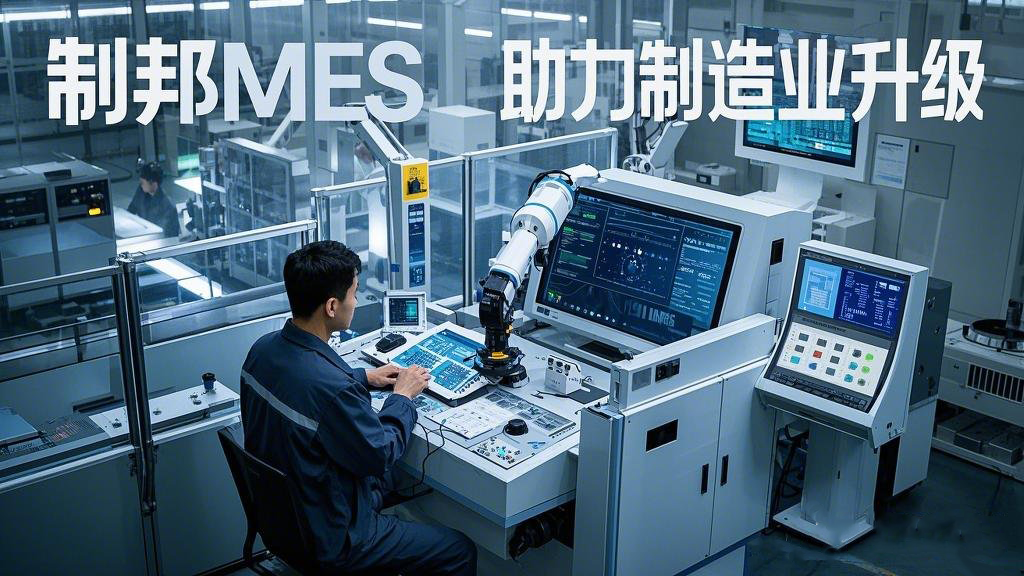 主題為 “制邦MES 助力制造業(yè)升級(jí)”。畫面呈現(xiàn)出一個(gè)現(xiàn)代化的智能工廠,車間里機(jī)械臂有序地工作,在工廠的中控室里,大屏幕上展示著生產(chǎn)數(shù)據(jù)和制邦MES的數(shù)據(jù)分析圖表,一位工程師正在通
